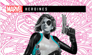 A banner reads Marvel Heroines, Domino is posed underneath it holding up her gun.