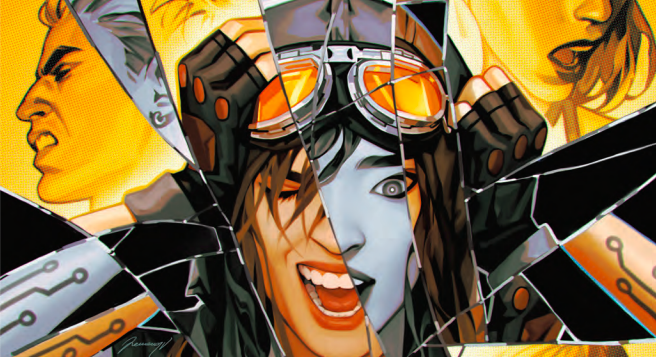 Doctor Aphra holds her head and the picture looks like it's been shattered like glass.