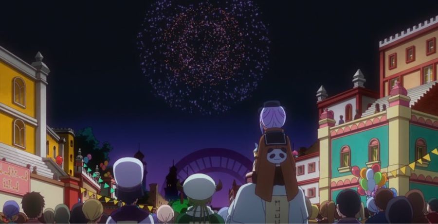 Princess Syalis, Demon King Twilight, Demon Cleric Leonard, and Great Red Syberian enjoy the fireworks of the human realm.