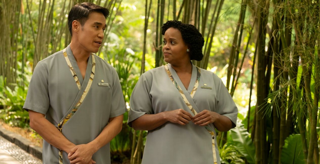 Tayme Thapthimthong and Natasha Rothwell in The White Lotus Season 3 Episode 2