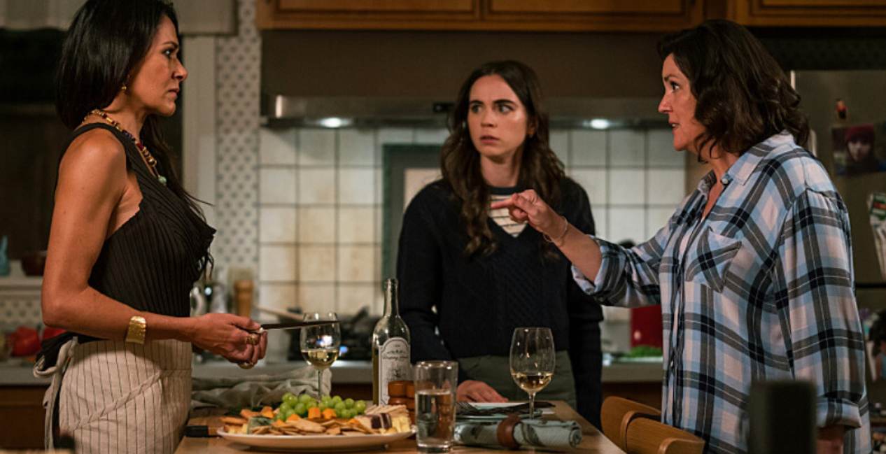 Simone Kessel, Sarah Desjardins, and Melanie Lynskey in Yellowjackets Season 3 Episode 3