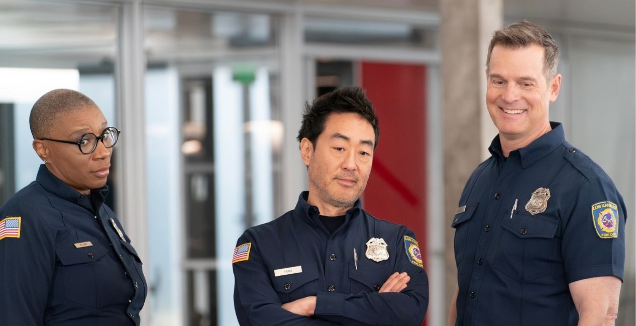 Aisha Hinds, Kenneth Choi, and Peter Krause in 9-1-1 Season 8 Episode 9