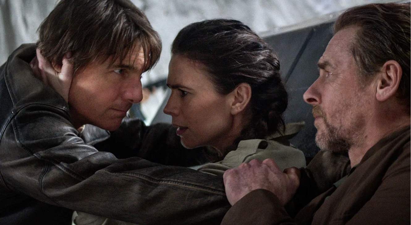 Mission: Impossible — The Final Reckoning promotional image with Tom Cruise, Hayley Atwell, and Simon Pegg