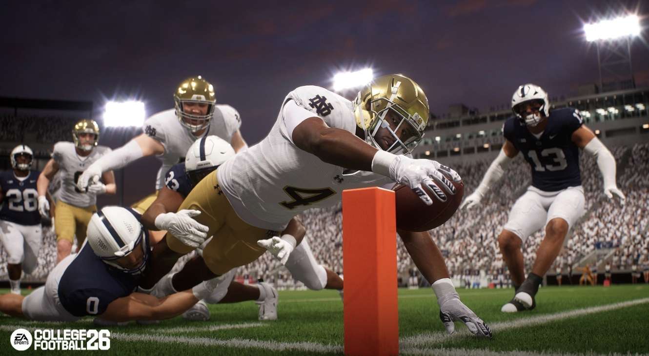 EA Sports College Football 26 promotional still showcasing physics-based tackling