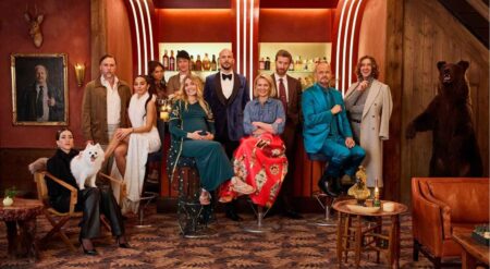 (L to R) Henrik Dorsin as Stefan, Gizem Erdogan as Nattis, Christopher Wagelin as Henrik, Sara Shirpey as Ninni, Nicole Levin as Siri, Nils Wetterholm as Petter, Aliette Ophiem as Caroline, Gustaf Skarsgård as Filip, Josephine Bornebusch as Kina, Filip Berg as Ossi, Johan Rheborg as Nicholas and Jonas Karlsson as Jakob in The Storm.