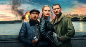 Deep Cover (2025) key art with Nick Mohammed, Bryce Dallas Howard, and Orlando Bloom