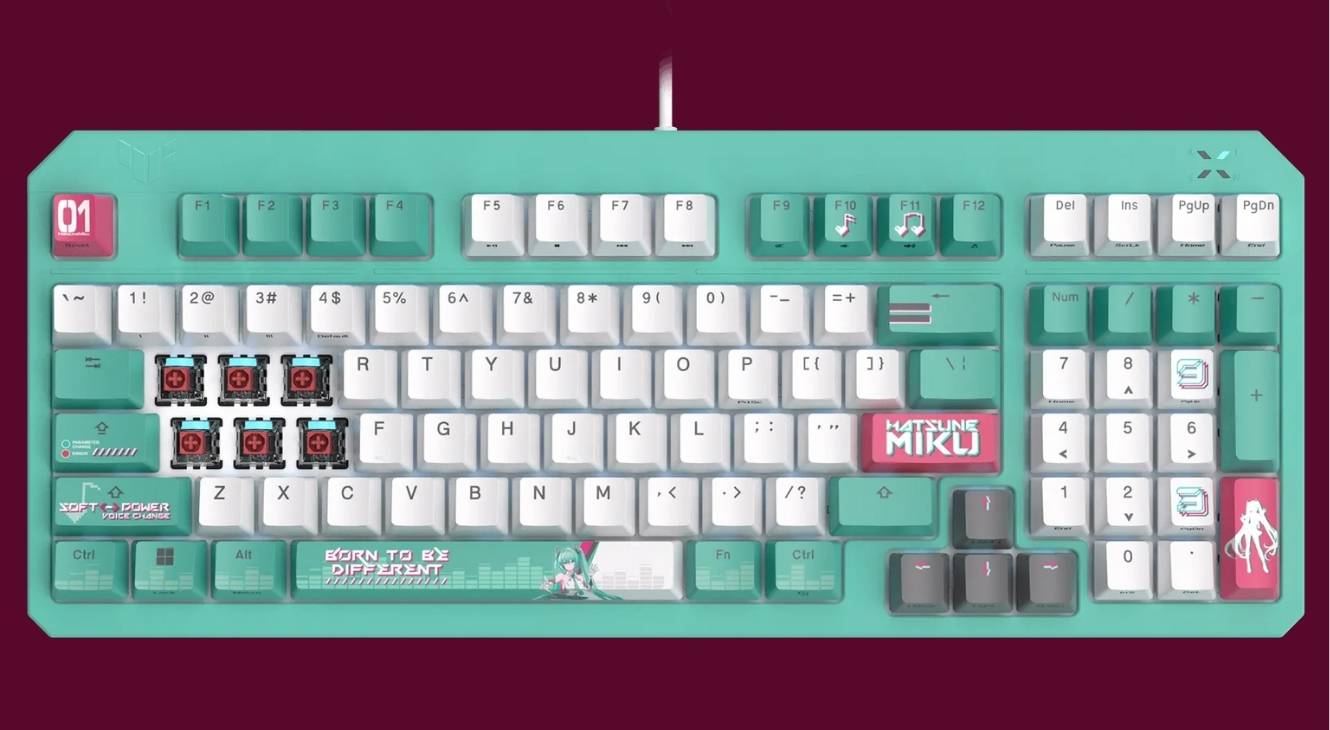 TUF Gaming x Hatsune Miku PC peripherals keyboard close-up promo image