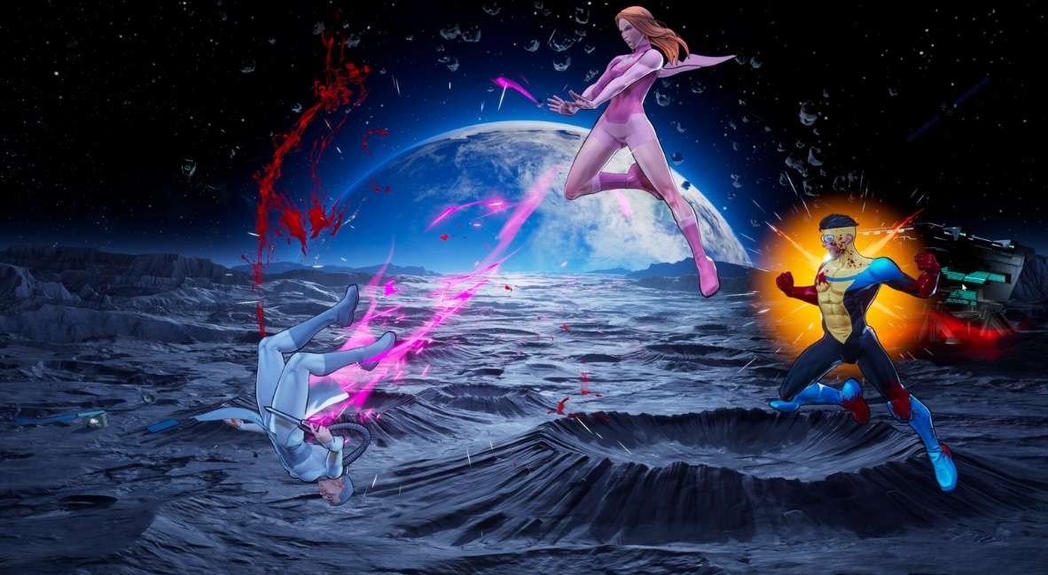 Invincible VS promotional gameplay still with Atom Eve and Invincible from Quarter Up