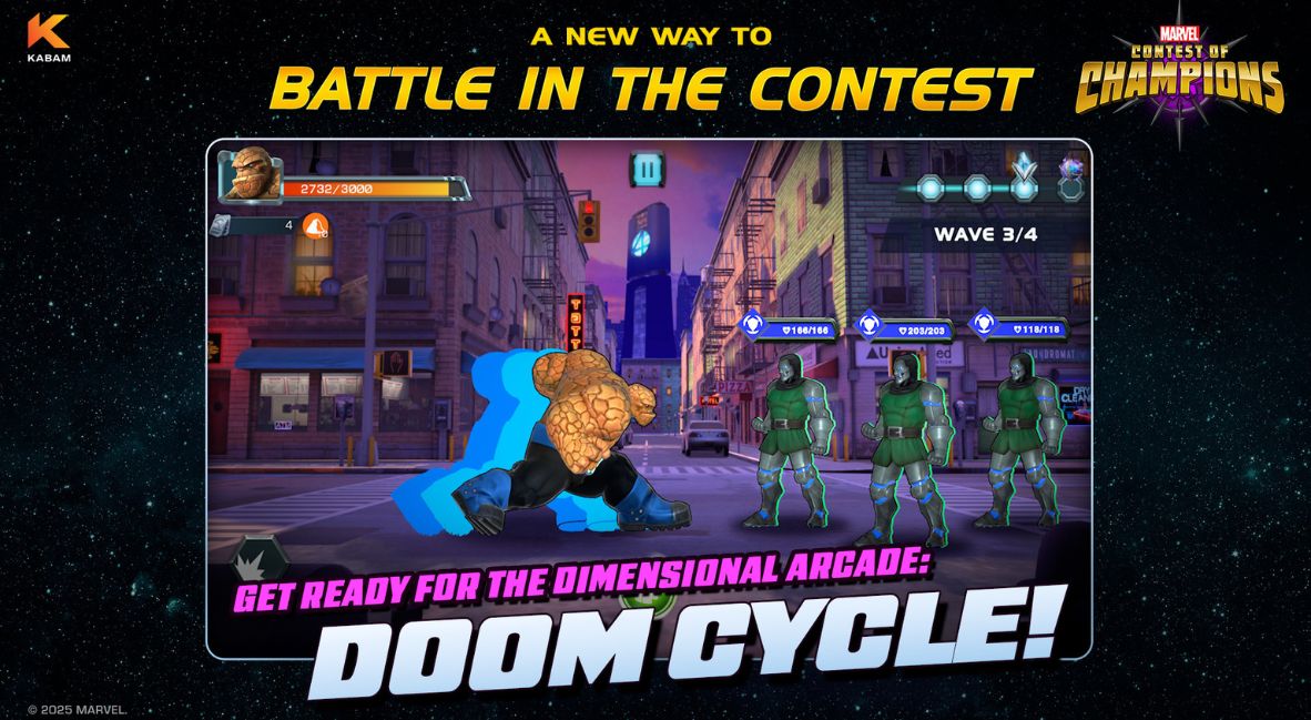 Gameplay from Marvel Contest of Champions featuring The Thing and Doombots