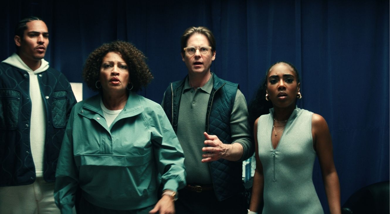 Geron McKinley, Indira G. Wilson, Tim Heidecker, and Heather Lynn Harris in HIM (2025)