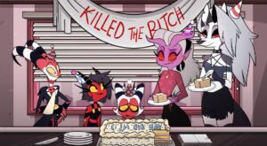 A group of characters in Helluva Boss celebrating an achievement with some cake