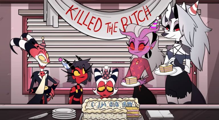 ‘Helluva Boss’: A Guide To 10 Devilishly Charming Characters You Will Meet A group of characters in Helluva Boss celebrating an achievement with some cake