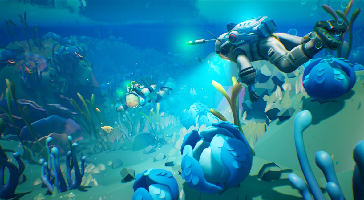 An underwater scene with explorers 