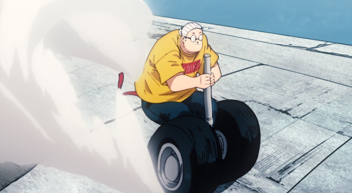 Sakamoto uses the wheel of a plane to attack Gaku