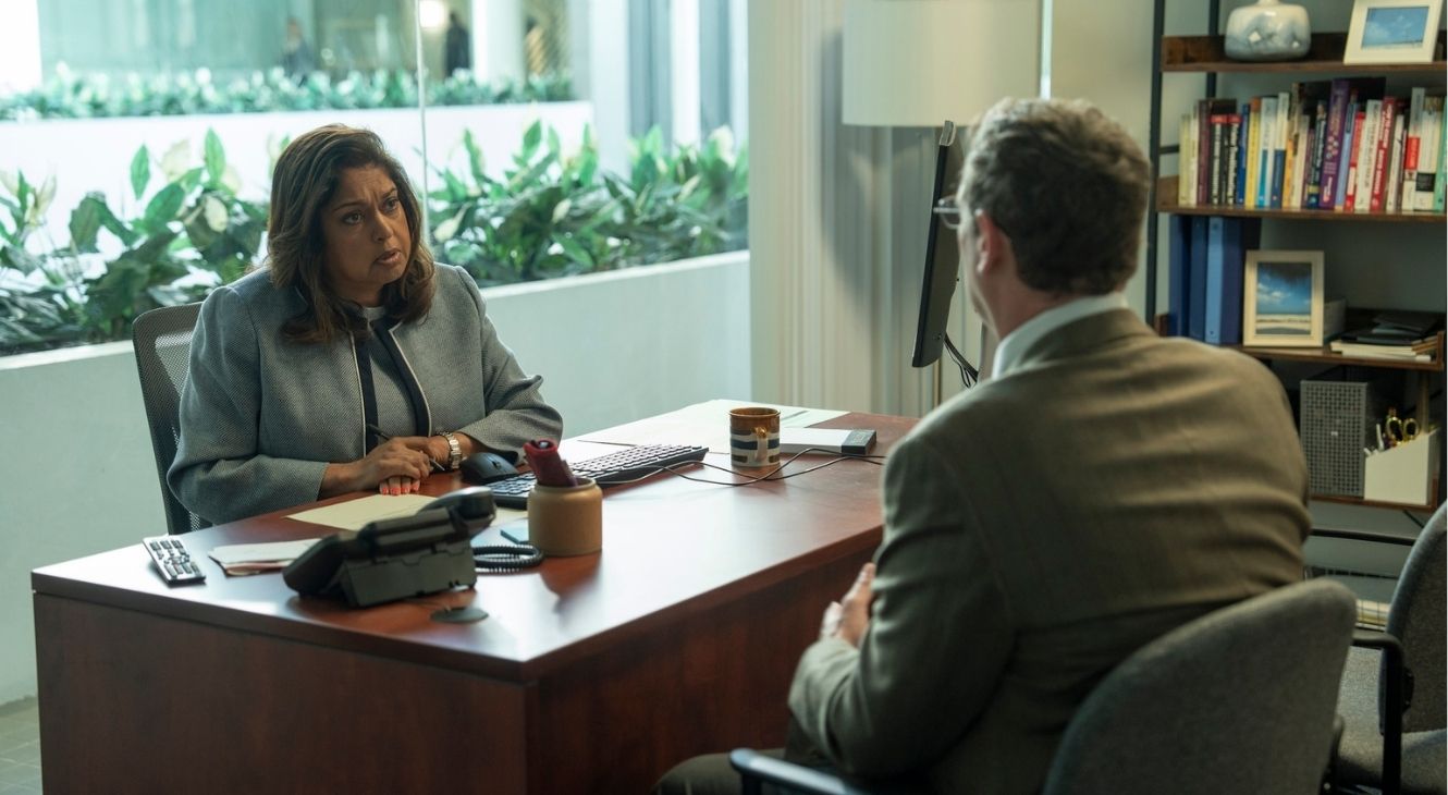 Moonie Fishburn and Tim Robinson in The Chair Company Episode 2