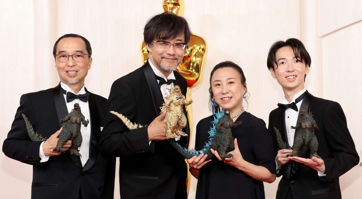 Director Takashi Yamazaki Returns With Godzilla Minus One Sequel 2 L to R: Masaki Takahashi, Takashi Yamazaki, Kiyoko Shibuya and Tatsuji Nojima attend the 2024 Oscars. Credit : Mike Coppola/Getty