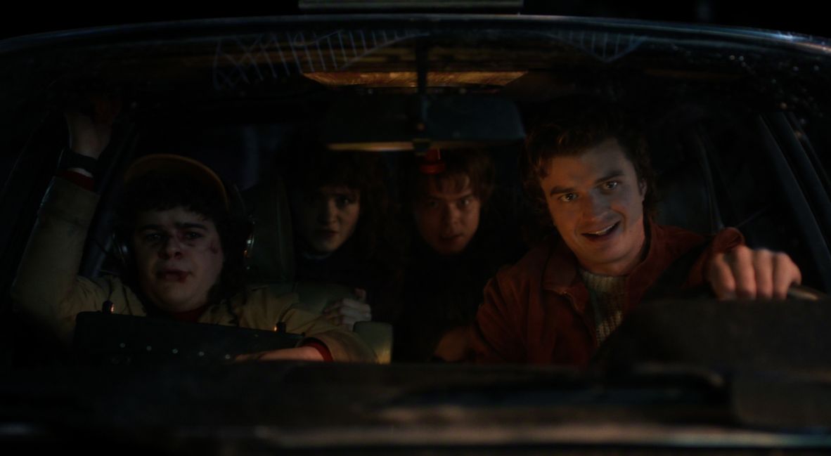 Dustin, Jonathan, Nancy, and Steve give chase 