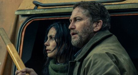 Greenland 2: Migration promotional image with Morena Baccarin and Gerard Butler