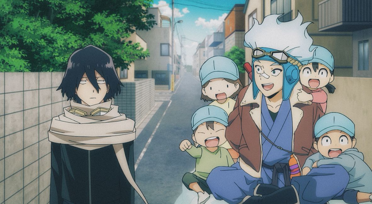 Aizawa and Shirakumo with a group of kids