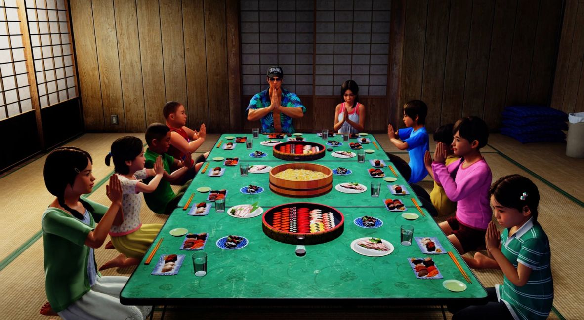 Kiryu and the children at the Morning Glory Orphanage