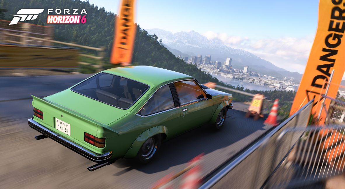 A car races on one of the tracks