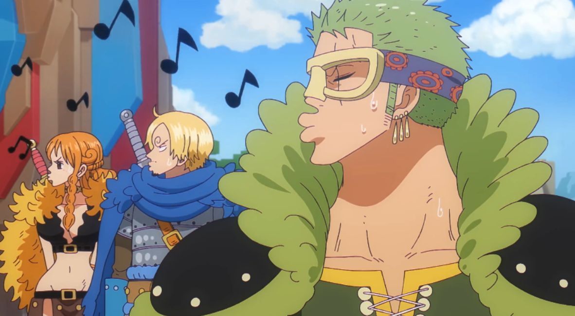 Nami, Sanji, and Zoro whistle to ignore a problem
