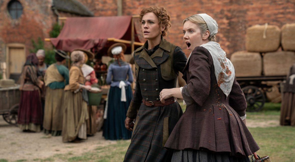 RECAP: ‘Outlander’ Season 8 Episode 7 — "Evidence Of Things Not Seen" 1 British supporters off screen throw tomatoes at Marsali