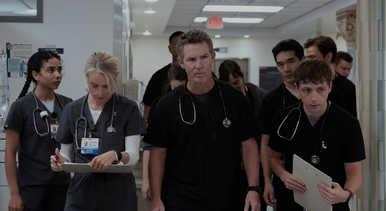 Emma, Dana, Abbott, Shen and Whitaker in Robby, Ellis, and Garcia in The Pitt Season 2 Episode 13