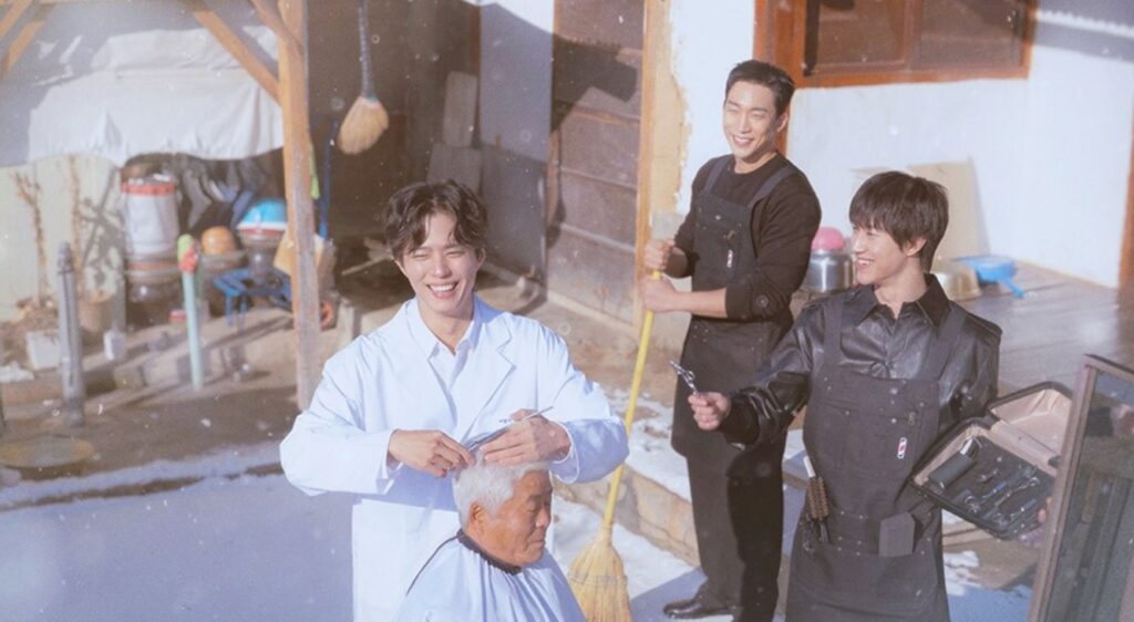 Park Bo-gum, Lee Sang-yi, and Kwak Dong-yeon in The Village Barber Season 1