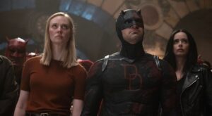 Deborah Ann Woll, Charlie Cox, and Krysten Ritter in Daredevil: Born Again Season 2 Episode 8