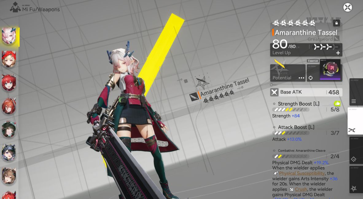 The weapons screen for Mi Fu