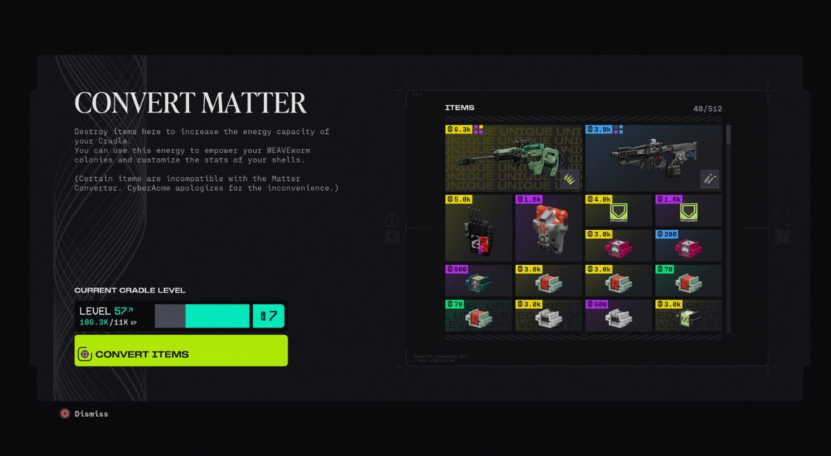 The selection screen to convert matter