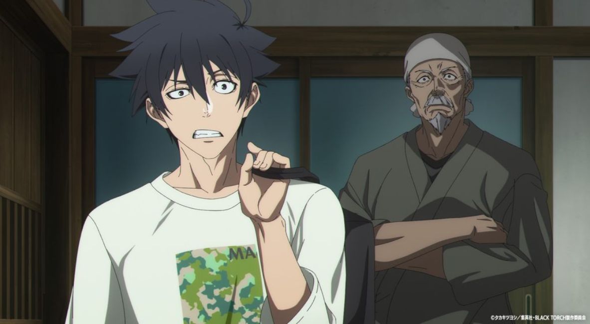 Jiro getting ready to leave with his grandfather standing behind him
