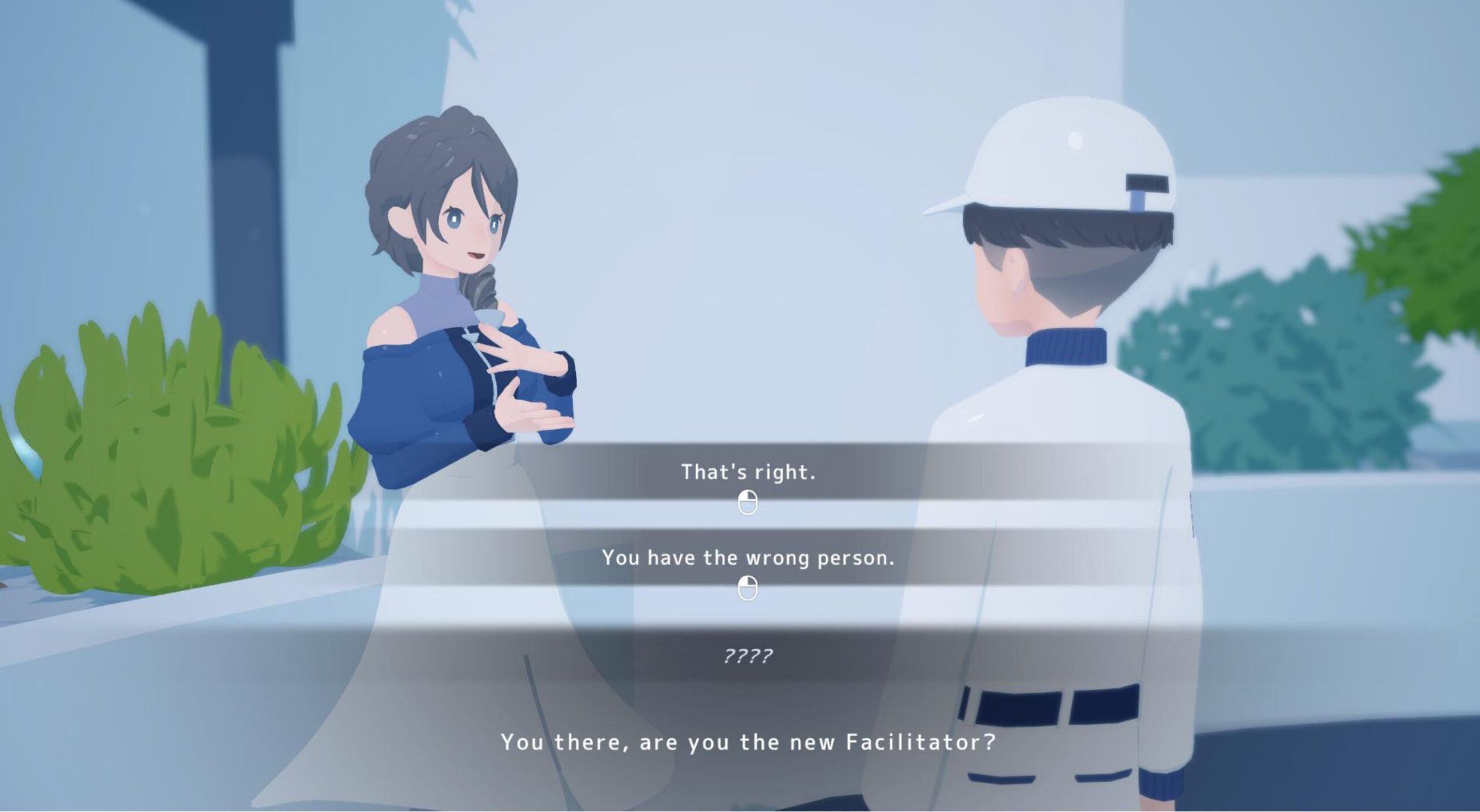 A dialogue scene with the facilitator in D-topia 
