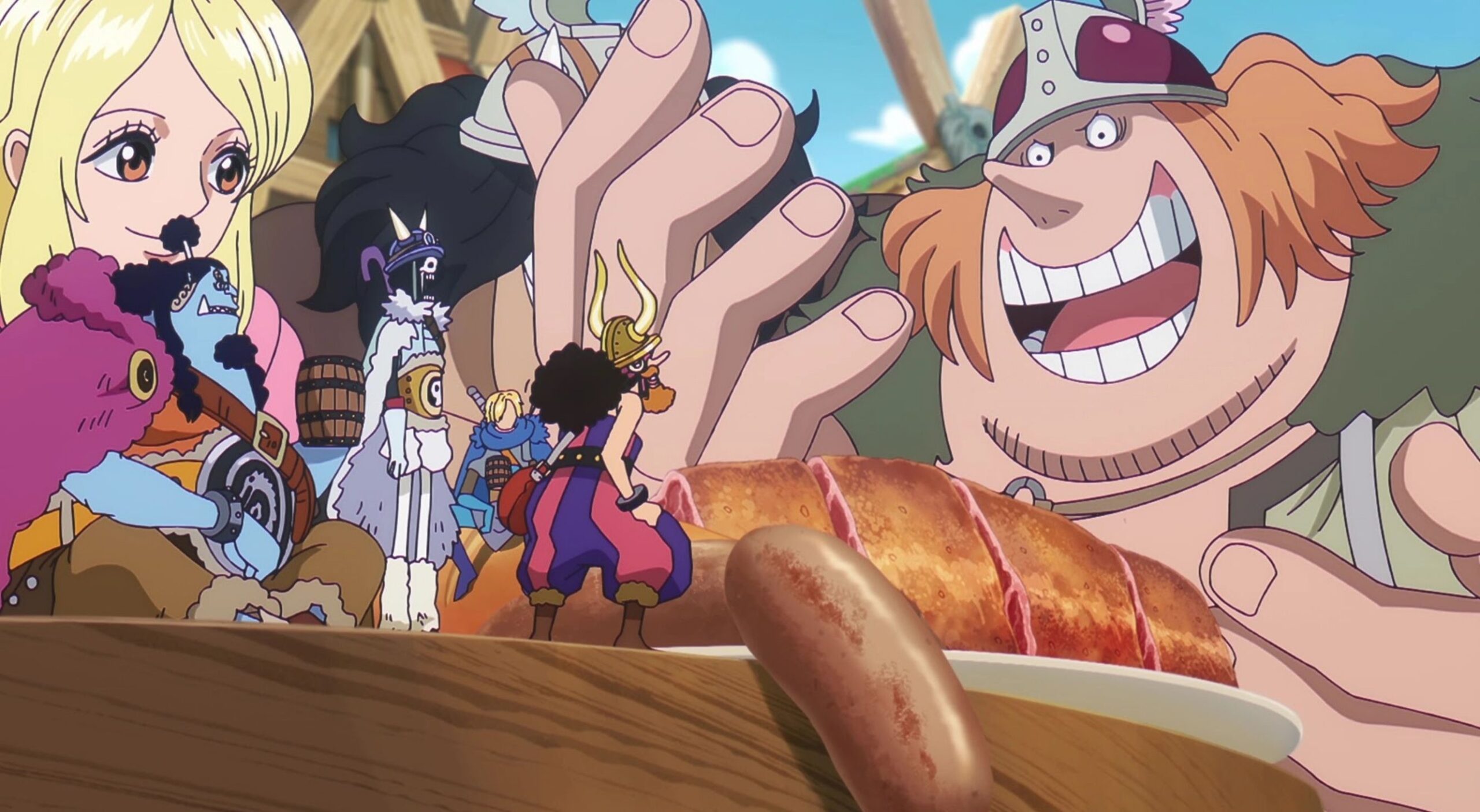 Jinbei, Brook, and Usopp listen to the giants