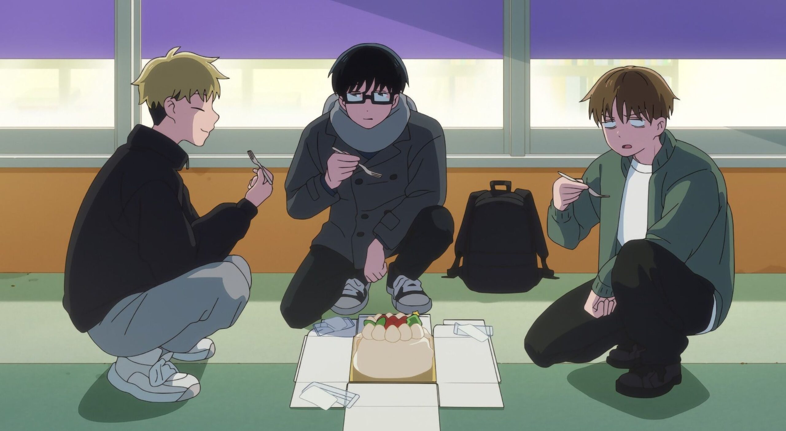 Yamada, Tani, and Taira share a cake