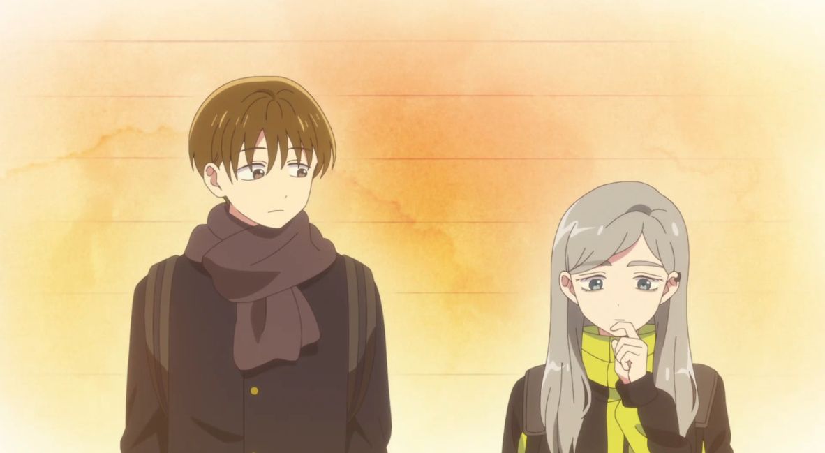 Taira and Azuma stand next to one another with a water color style background