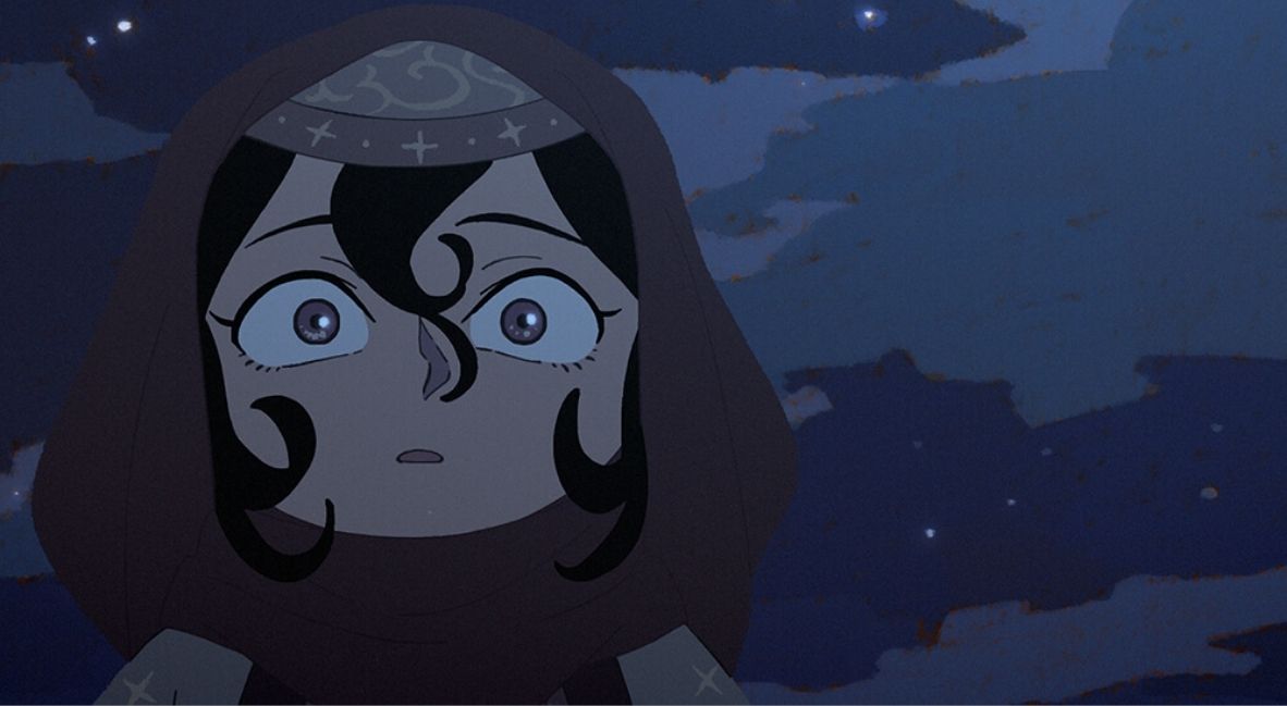 Fatima looks ahead with the night sky behind her
