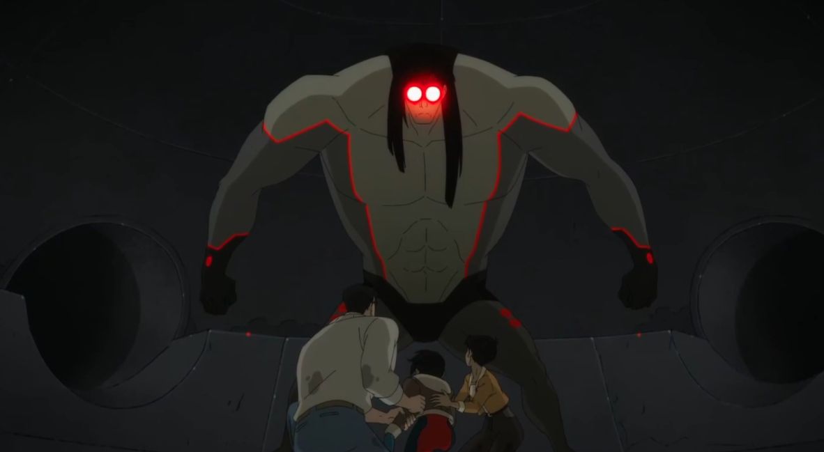 The Eradicator looms over Clark, Lara, and Lois who sit huddled together