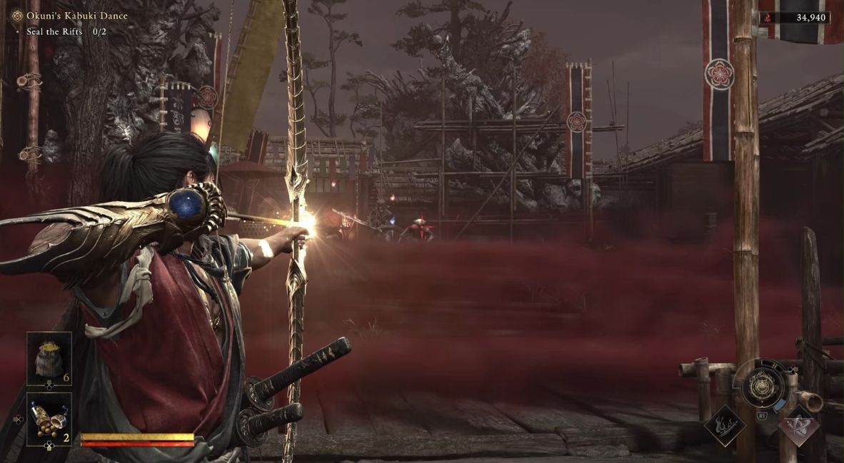 Okuni fires off an arrow at an enemy