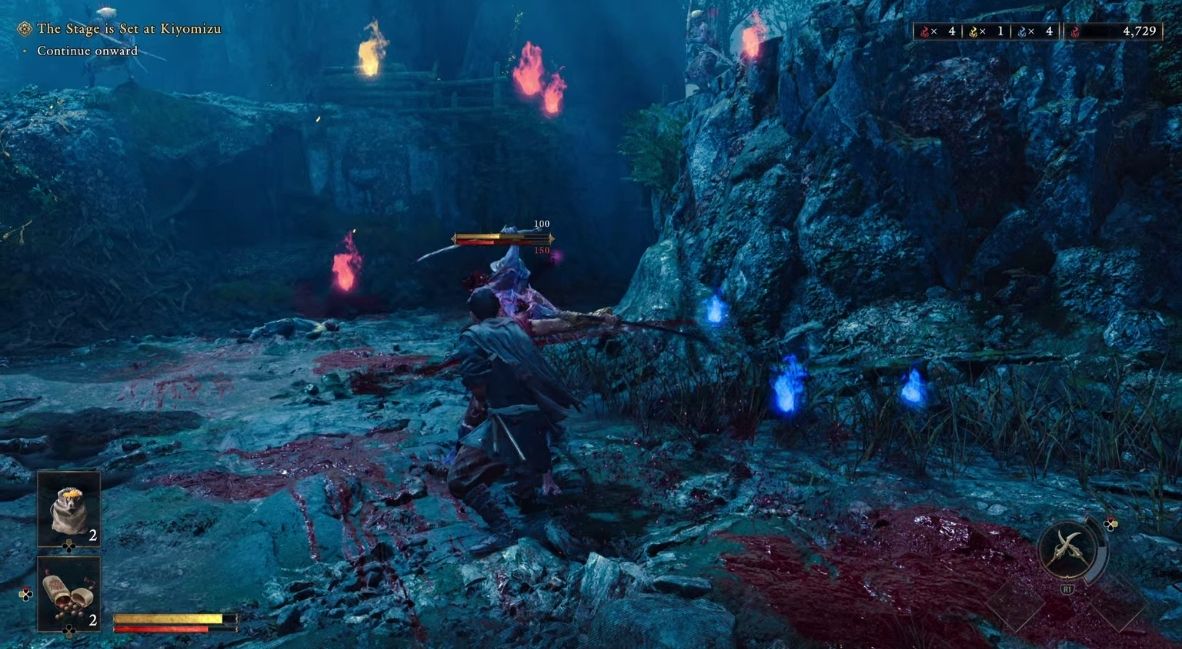 An action scene where Musashi Miyamoto fights an enemy