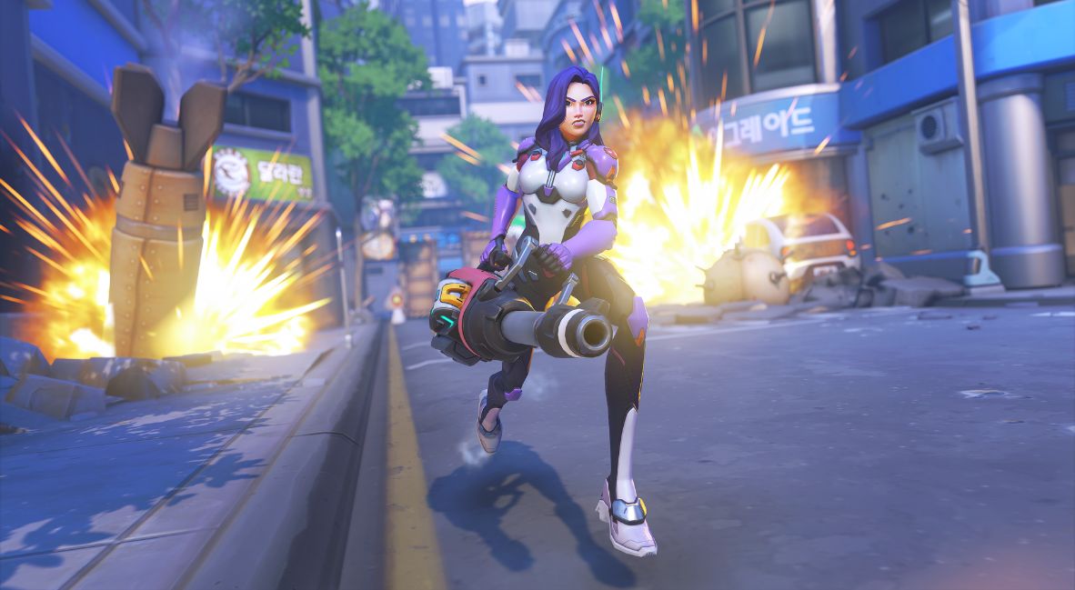 D.Mon outside of her mech with explosions going off behind her