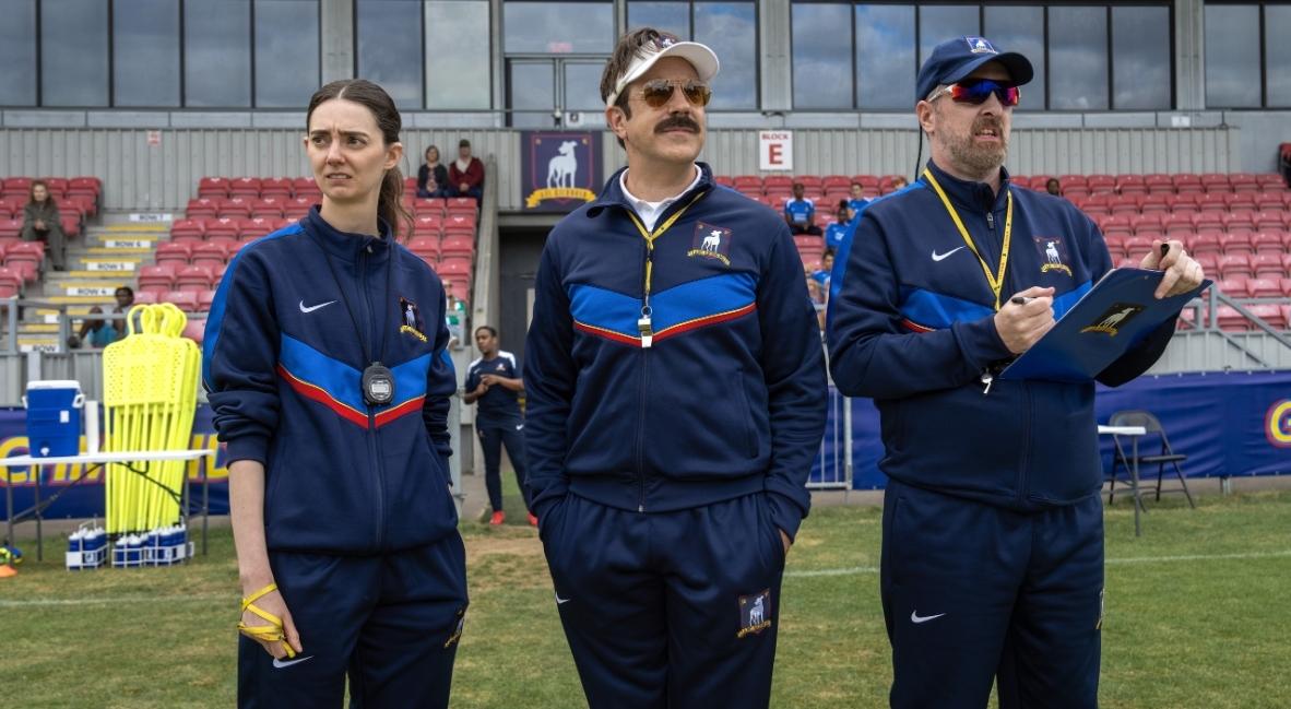 Tanya Reynolds, Jason Sudeikis and Brendan Hunt in Ted Lasso Season 4 Episode 3