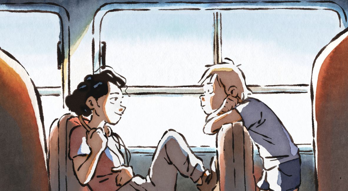 Clara and Christophe talk on a bus
