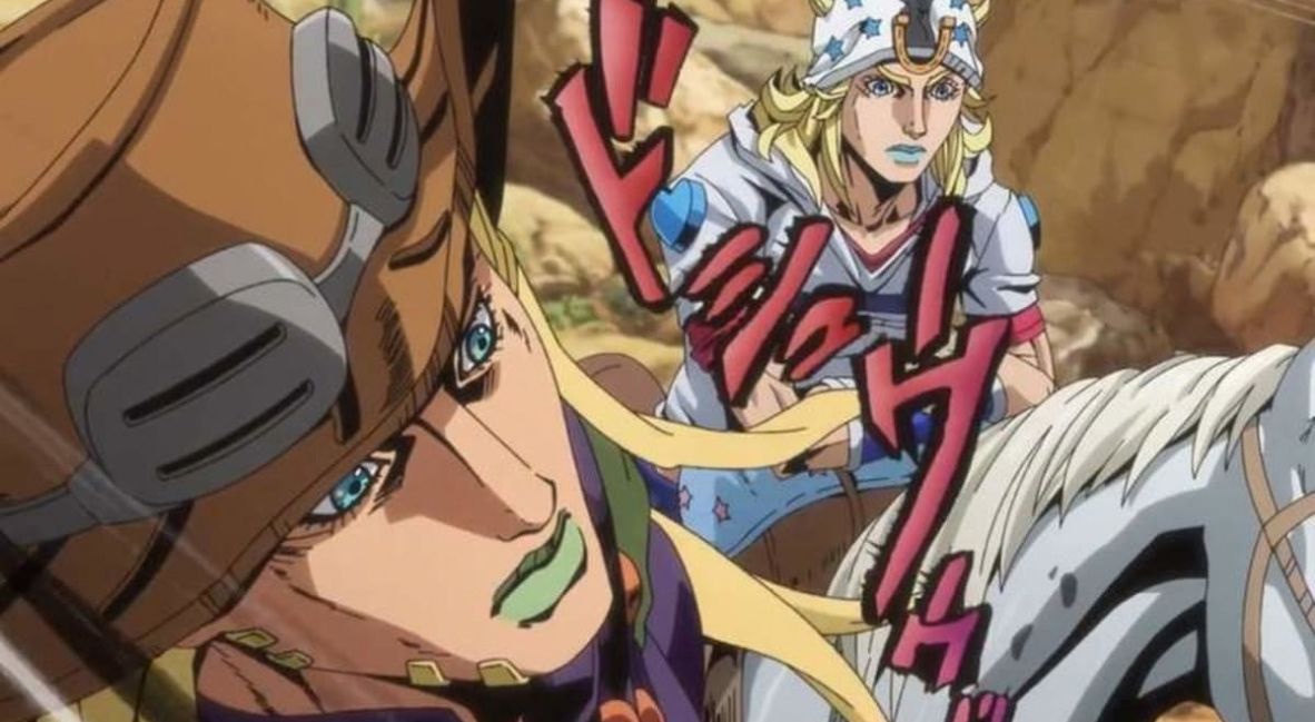 Gyro and Johnny on horses in Steel Ball Run Episode 2