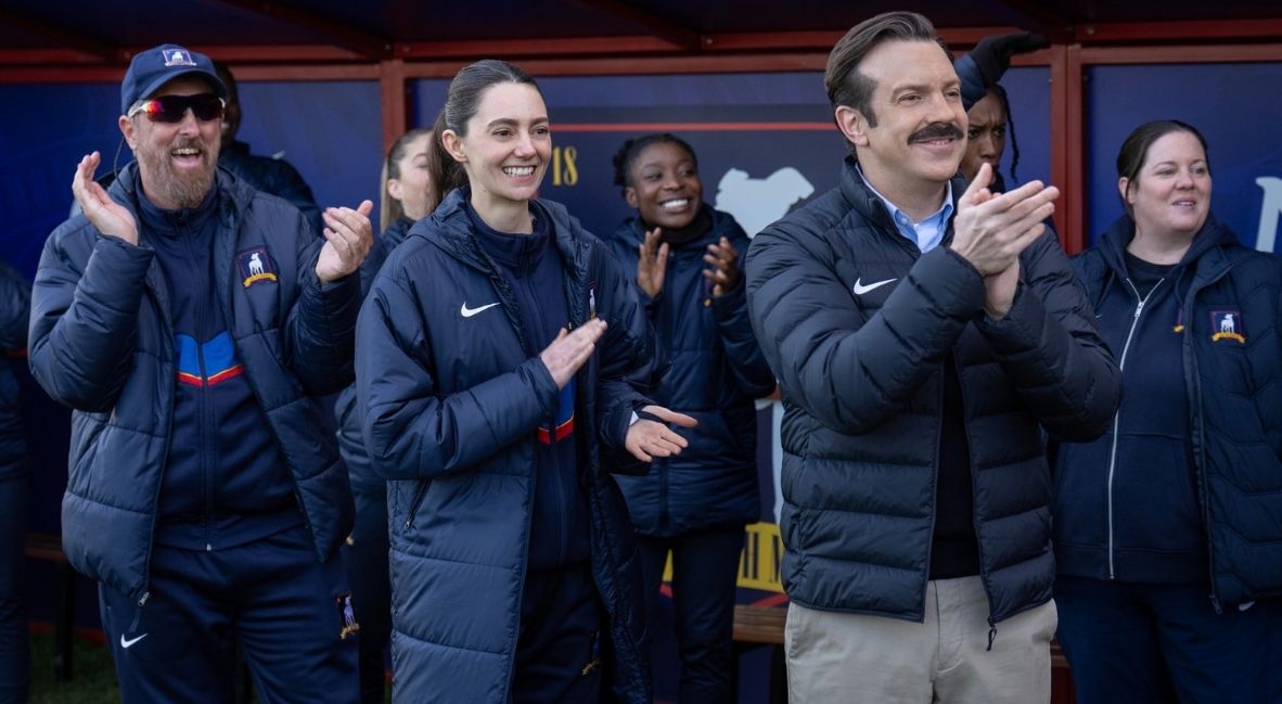 Brendan Hunt, Tanya Reynolds and Jason Sudeikis in Ted Lasso Season 4 Episode 8