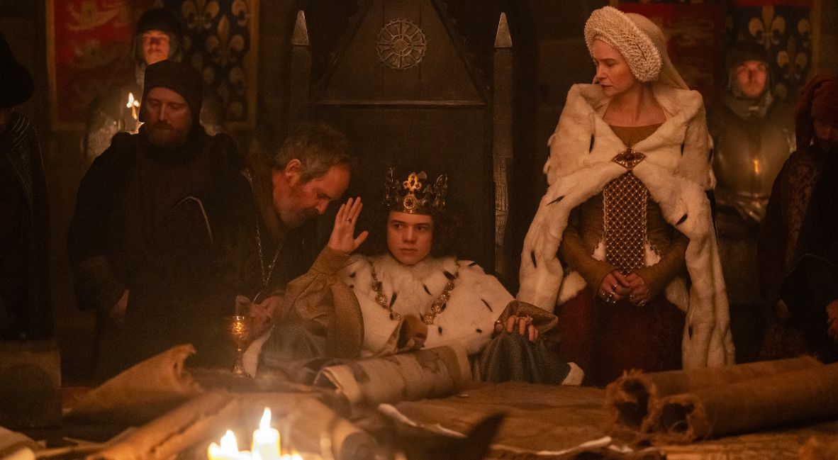 Tom Hollander, Woody Norman, and Katherine Waterston in The Uprising (2026)