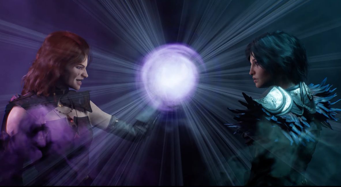 Warlock Dungeons & Dragons - Tasha trailer screenshot speaking to Kaatri - featuring Maggie Robertson