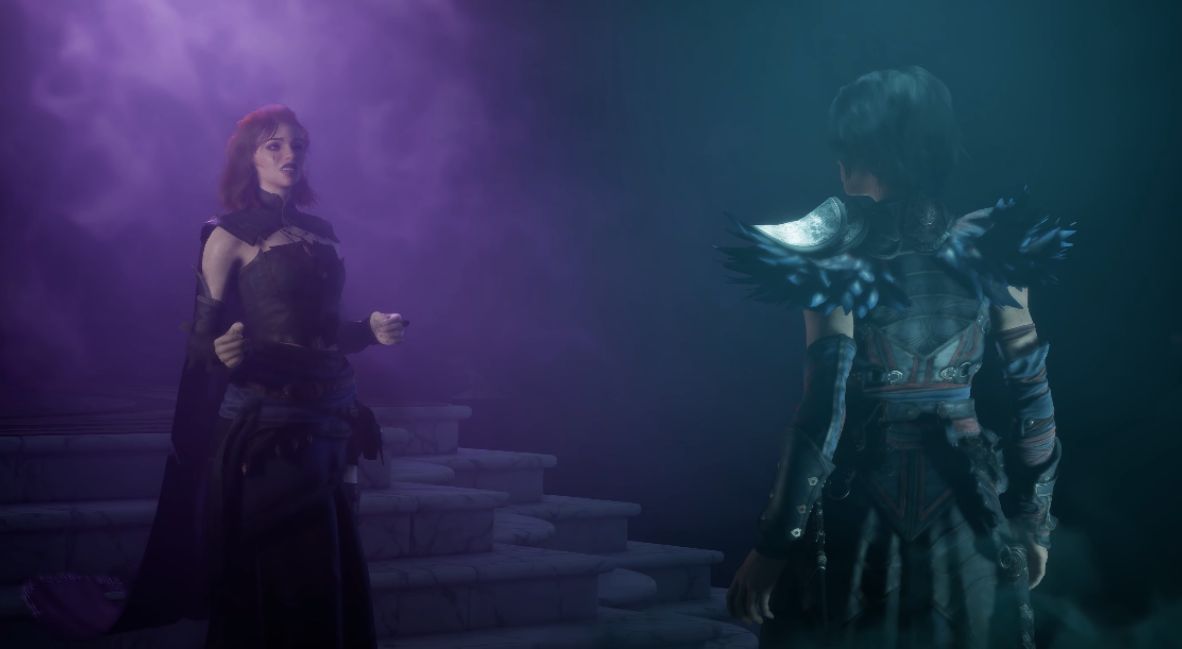 Warlock Dungeons & Dragons - Tasha trailer screenshot speaking to Kaatri