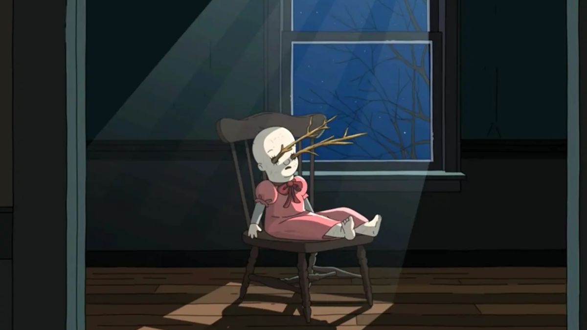A creepy doll sits on a chair in an empty room
